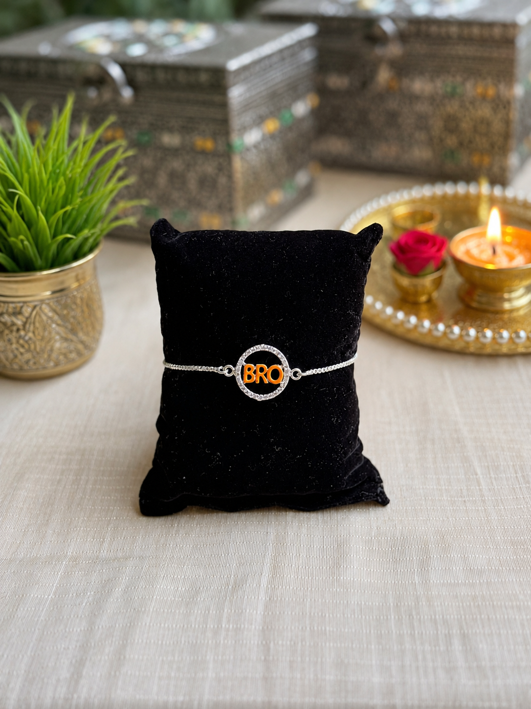 925 Silver ( BRO ) Symbol Bracelet Rakhi with saffron enamal and Adjustable Silver Chain