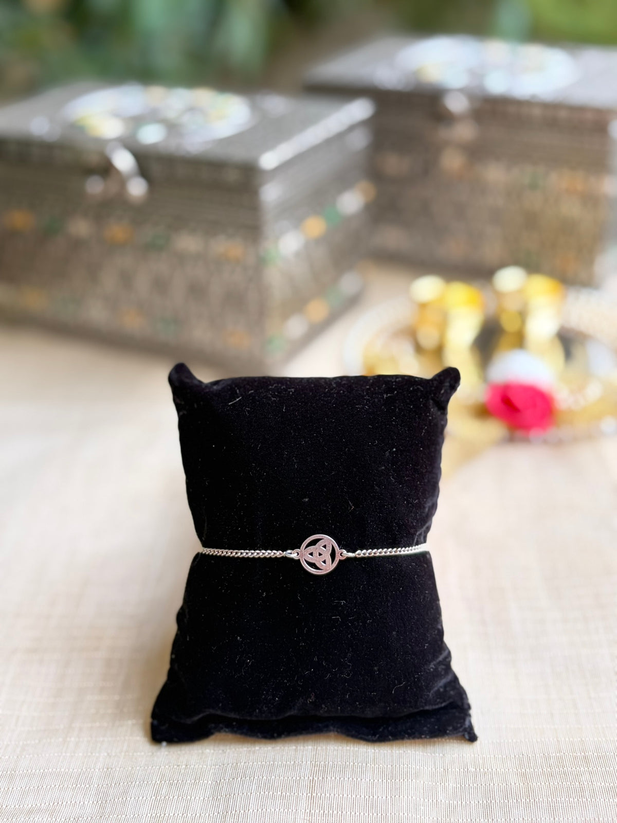 925 Silver Auspicious Trinity Knot ( ☣ ) Bracelet Rakhi with Adjustable Silver Chain