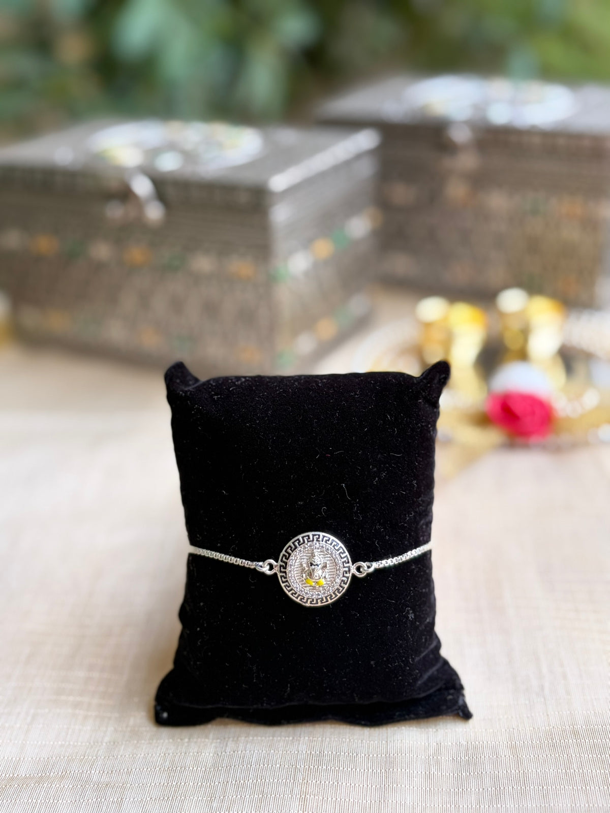 925 Silver Auspicious Vakratunda Ganesha ( ᬒᬁ ) Bracelet Rakhi with Adjustable Silver Chain