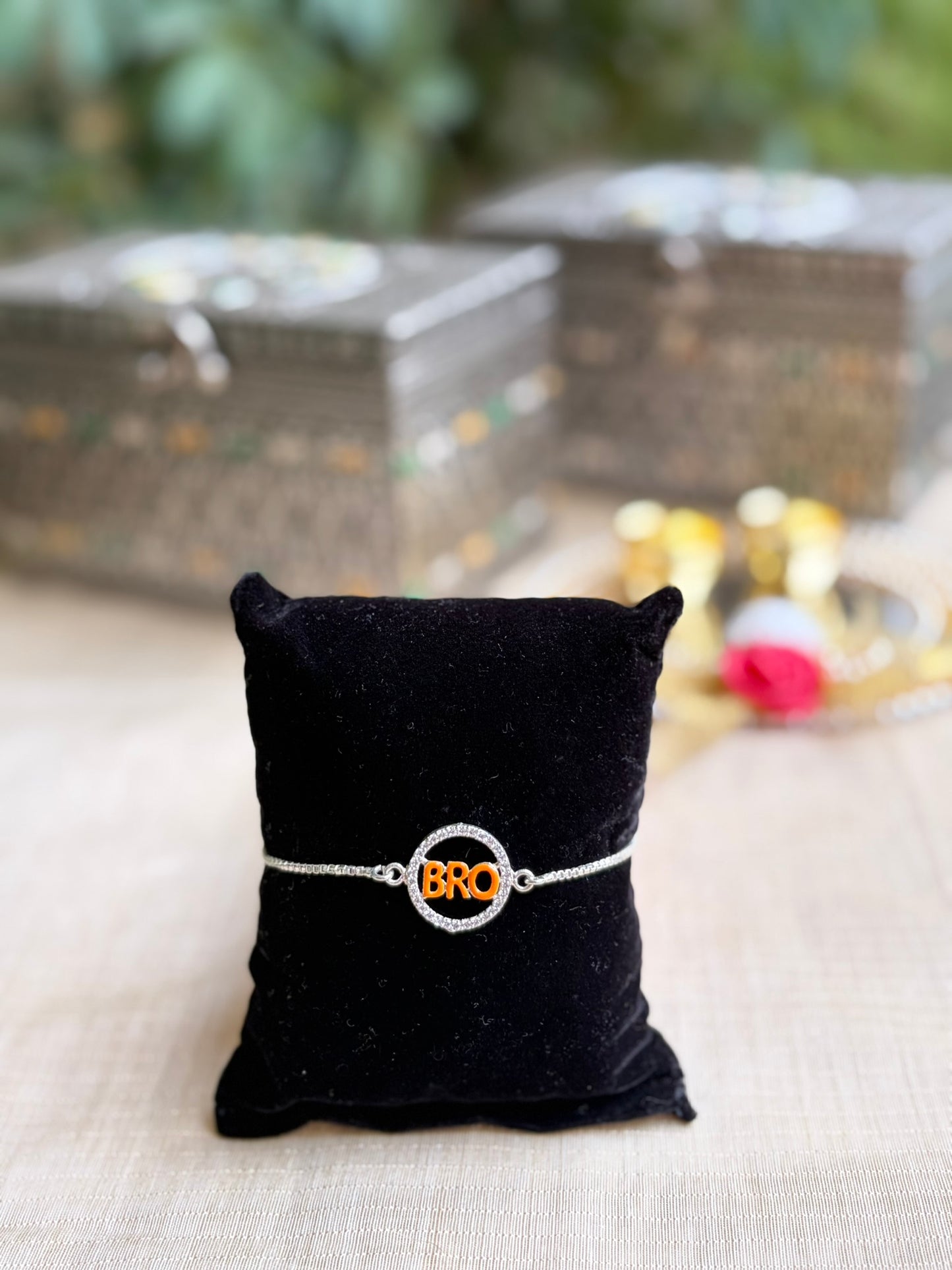 925 Silver ( BRO ) Symbol Bracelet Rakhi with saffron enamal and Adjustable Silver Chain