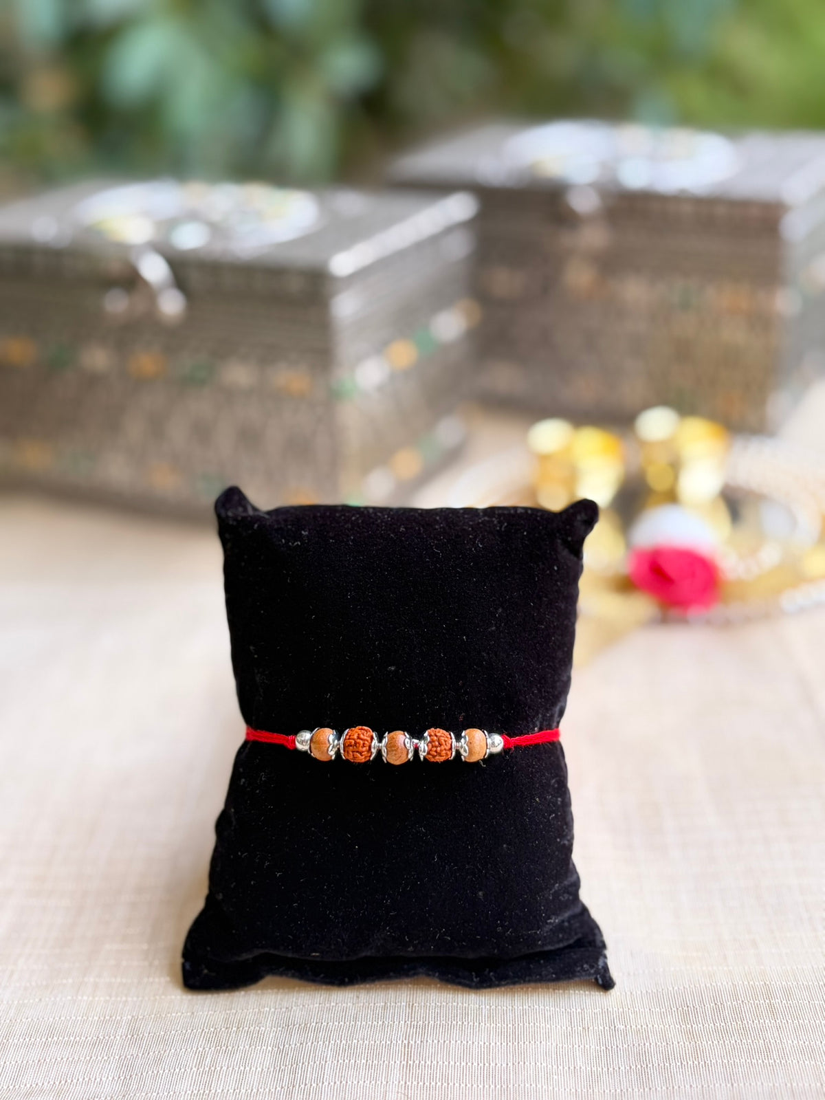 925 Silver Sacred Rudraksha (📿ૐ ) Rakhi with Red Thread