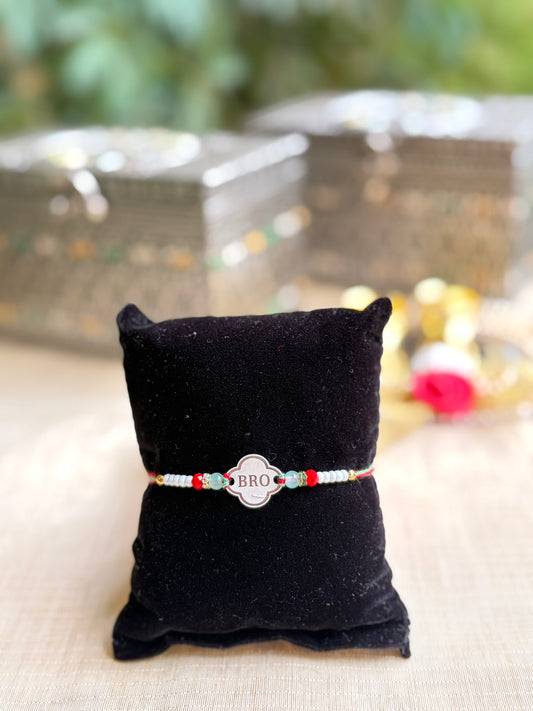 925 Silver "Bro" Thread Rakhi for Kids with Multicolour Beads