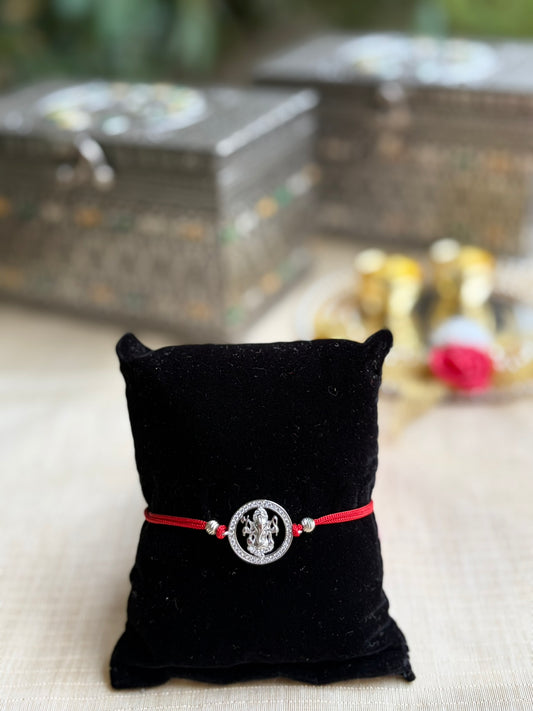 925 Silver Auspicious Ganesha ( ᬒᬁ ) Rakhi for Brother with Red Thread