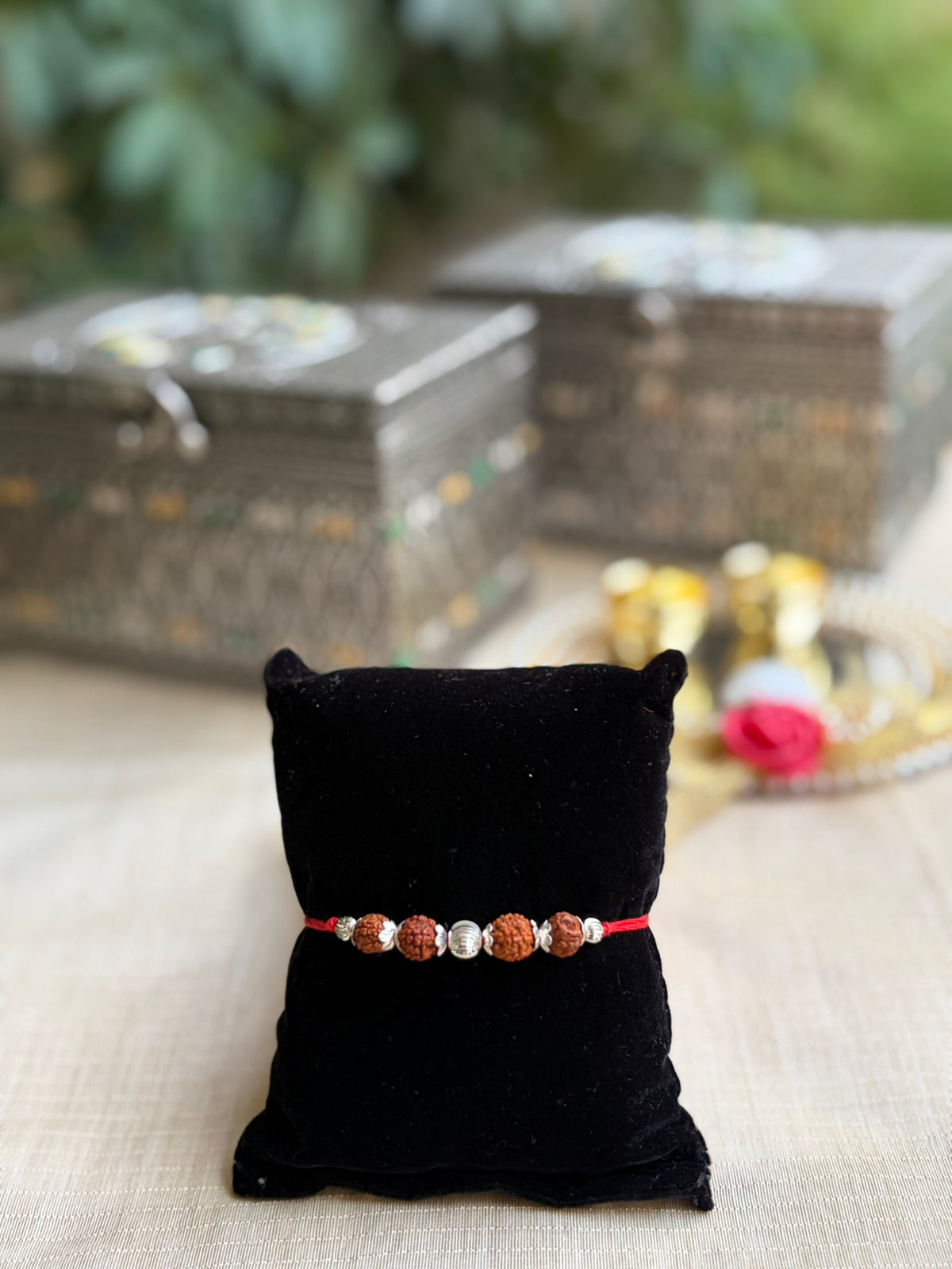 925 Silver Sacred Rudraksha (📿ૐ ) Rakhi with Red Thread