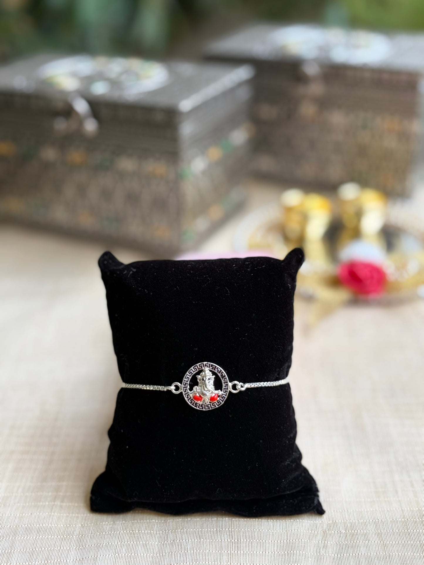 925 Silver Auspicious Ganesha ( ᬒᬁ ) Bracelet Rakhi with Pink Enamel and adjustable Silver chain