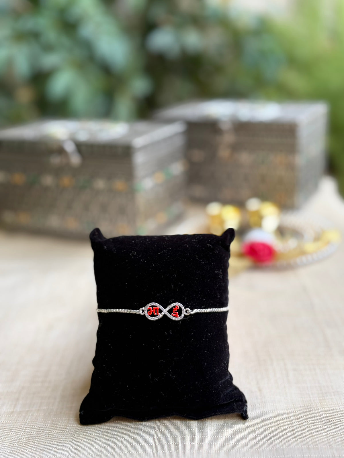 925 Silver Infinity Bhai ( भा ई ) Bracelet Rakhi with adjustable Silver chain in Rose Gold Finish