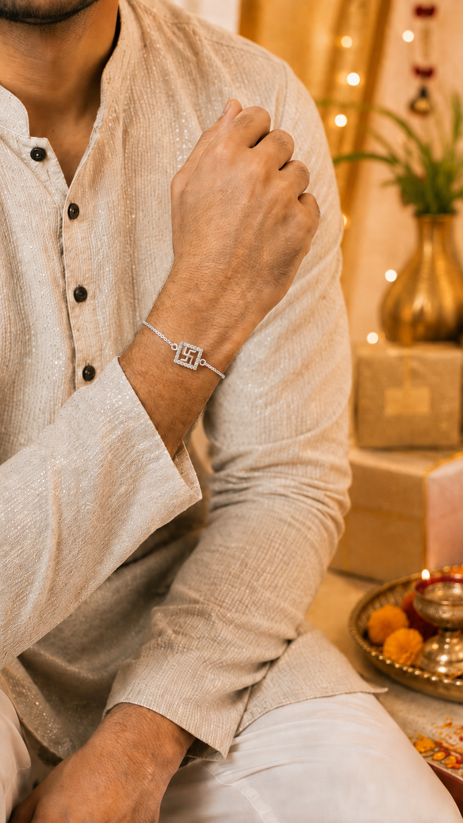 925 Silver Premium Swastik (卐) Bracelet Rakhi For Brother With Adjustable Silver Chain