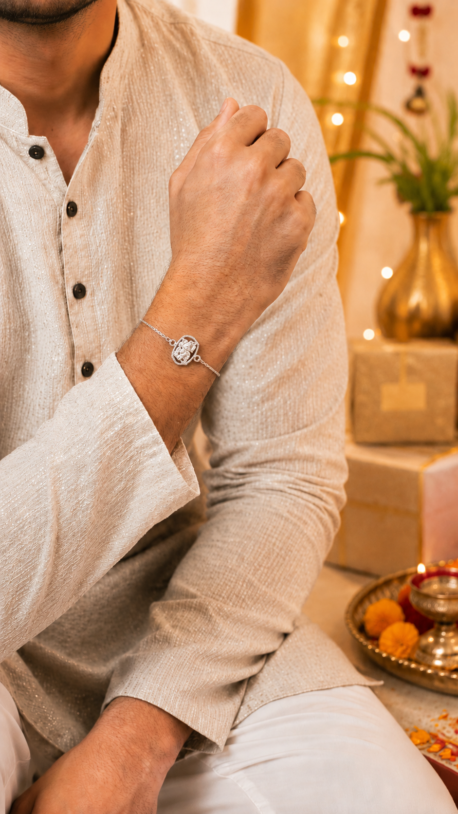 925 Silver Auspicious Ganpati ( ᬒᬁ ) Bracelet Rakhi with Pink Enamel and adjustable Silver chain