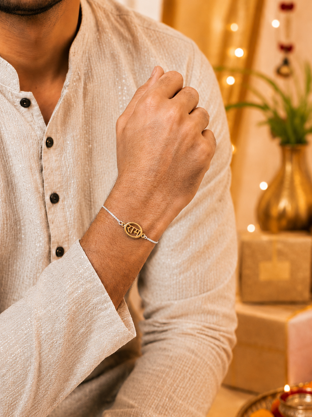 925 Silver Shree Ram ( राम ) Bracelet Rakhi for Brother with Adjustable Silver Chain