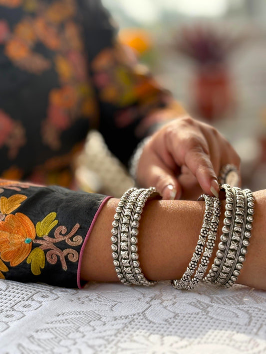 Silver Oxidised Floral Motif Patterned Bangles, Kada Set