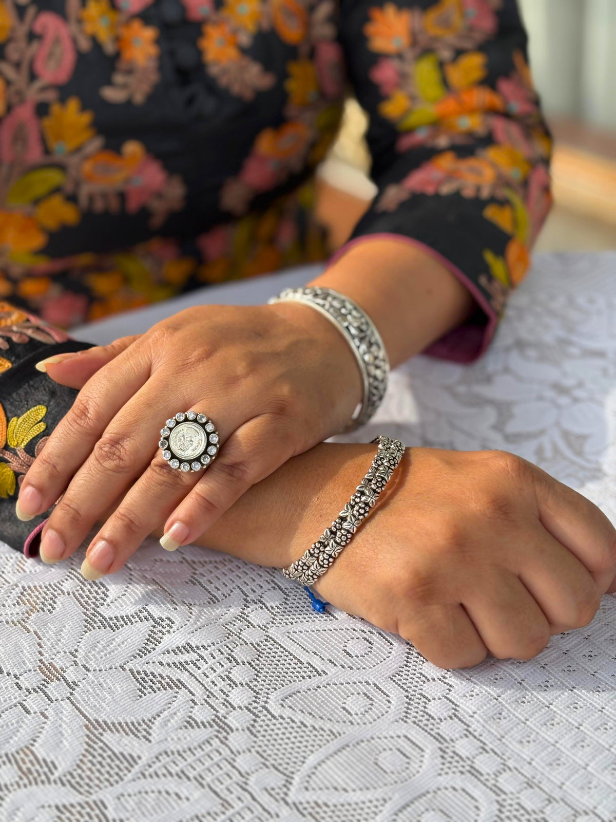 Silver Oxidised Floral Motif Patterned Bangles, Kada Set
