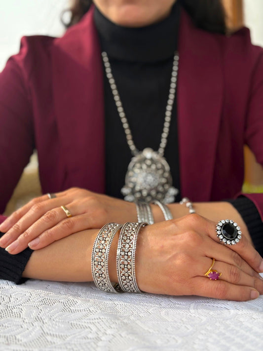 Silver Oxidized Floral Cutwork Grid Design Kada