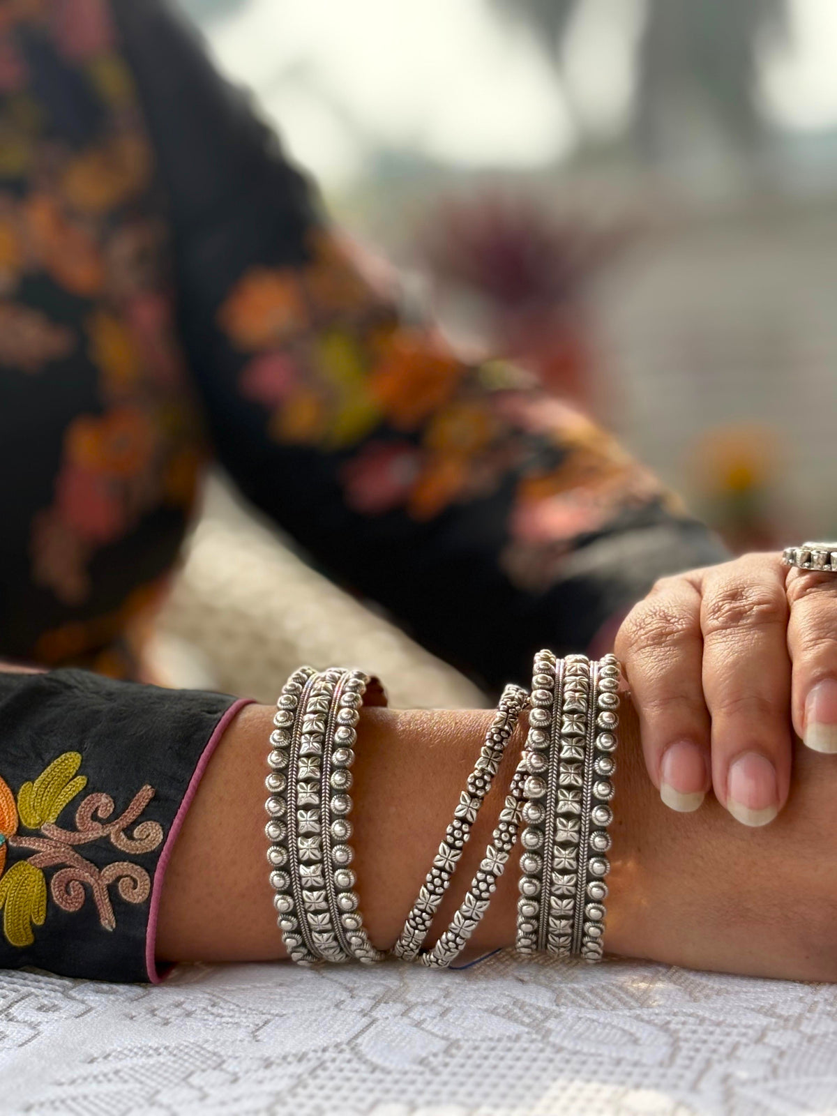 Silver Oxidised Floral Motif Patterned Bangles, Kada Set