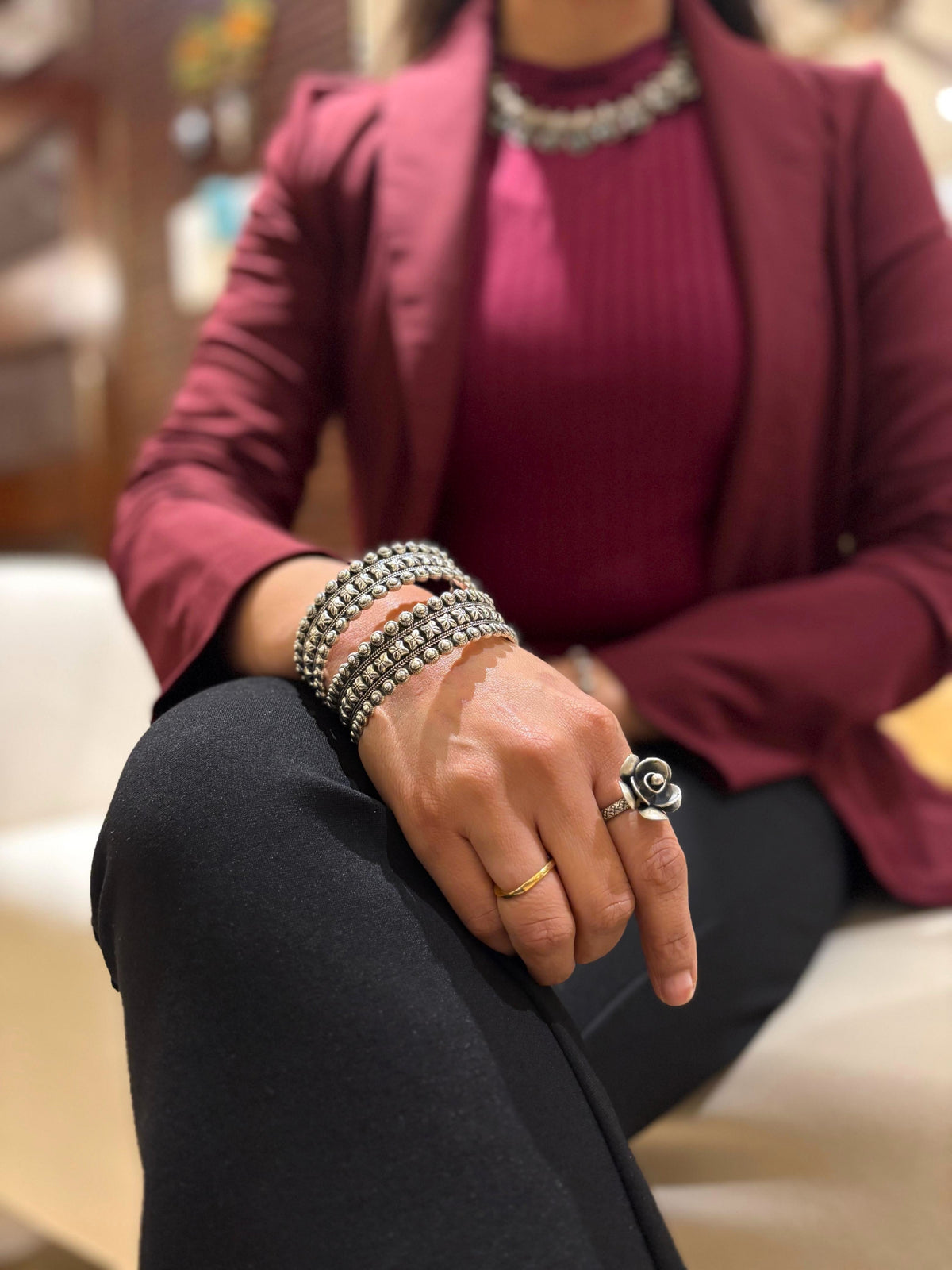 Silver Oxidised Beaded Pattern Kada
