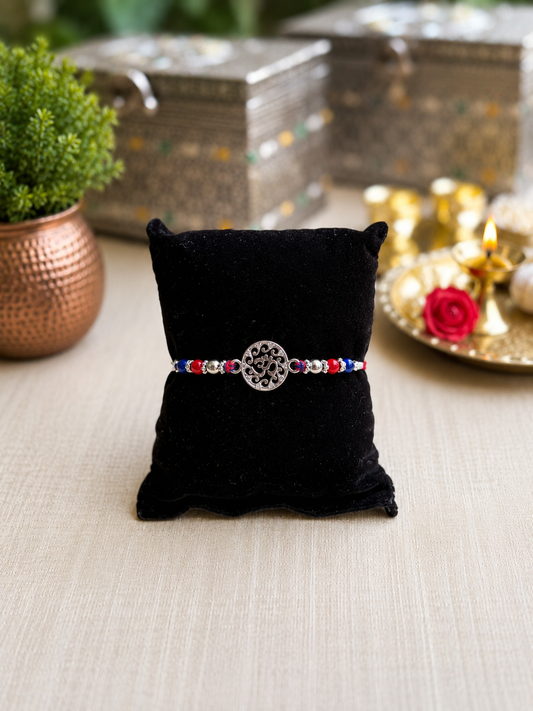 925 Silver Sacred Om Symbol (ॐ) Rakhi for Brother with Thread and Multicolor Beads