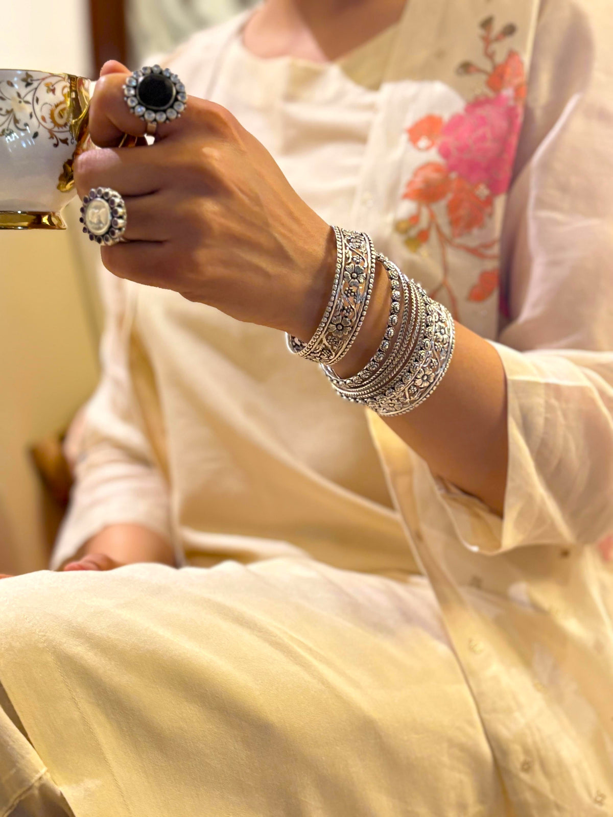 Silver Oxidised Floral Cutwork Design Kada Set