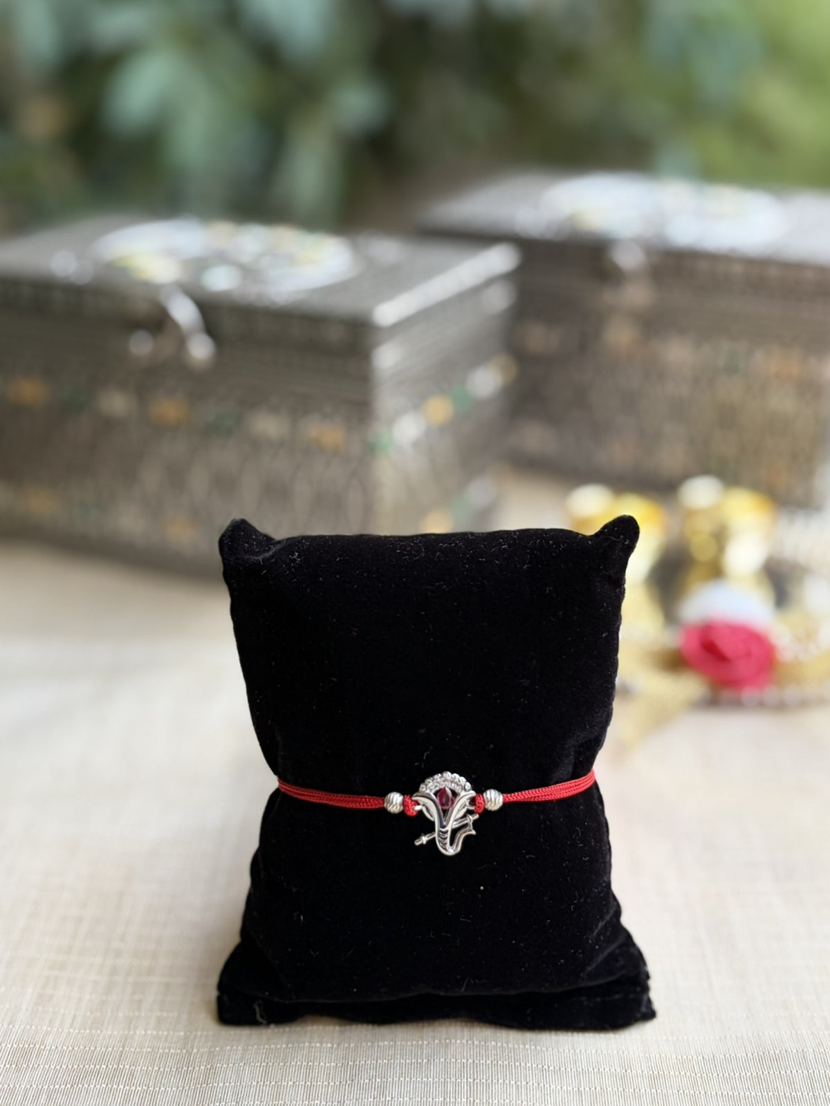 925 Silver Sacred Ganpati ( ᬒᬁ ) Rakhi for Brother with Red Thread