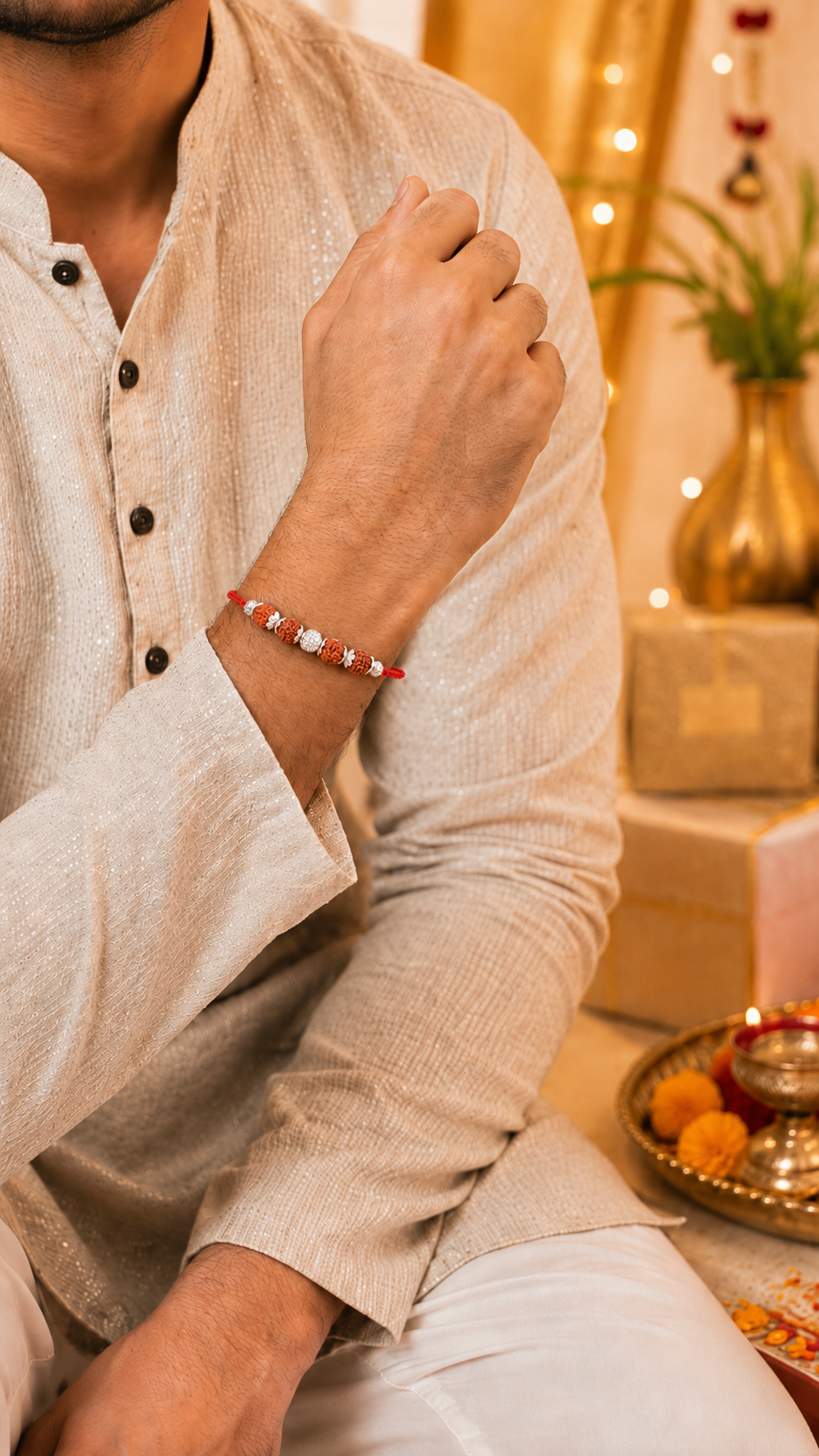 925 Silver Sacred Rudraksha (📿ૐ ) Rakhi with Red Thread