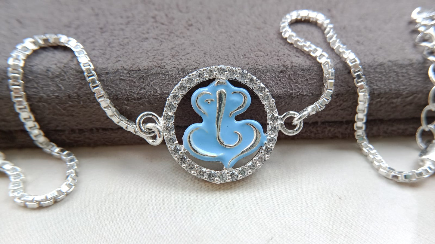 925 Silver Auspicious Ganesha ( ᬒᬁ ) Bracelet Rakhi with Saffron Enamel and adjustable Silver chain