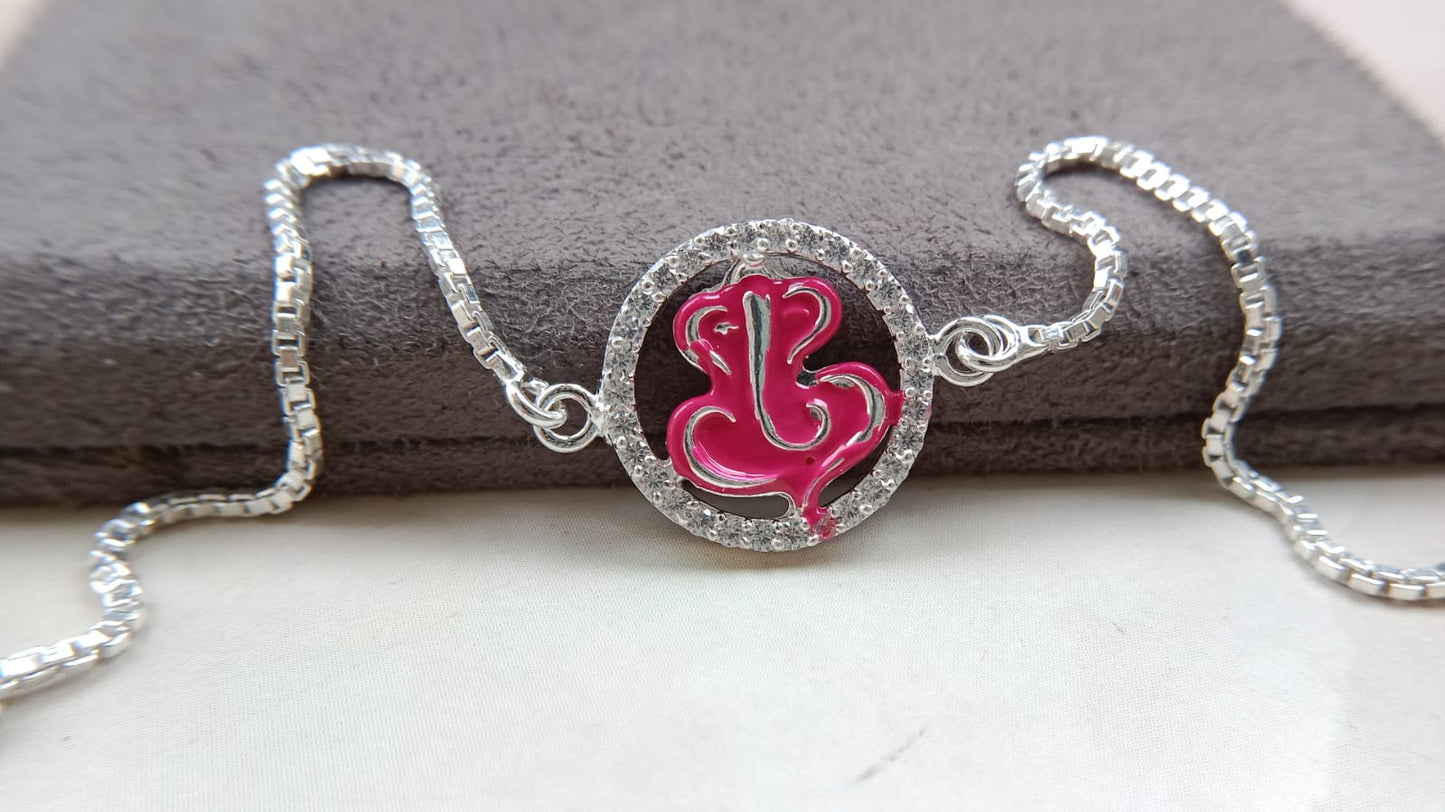 925 Silver Auspicious Ganesha ( ᬒᬁ ) Bracelet Rakhi with Saffron Enamel and adjustable Silver chain