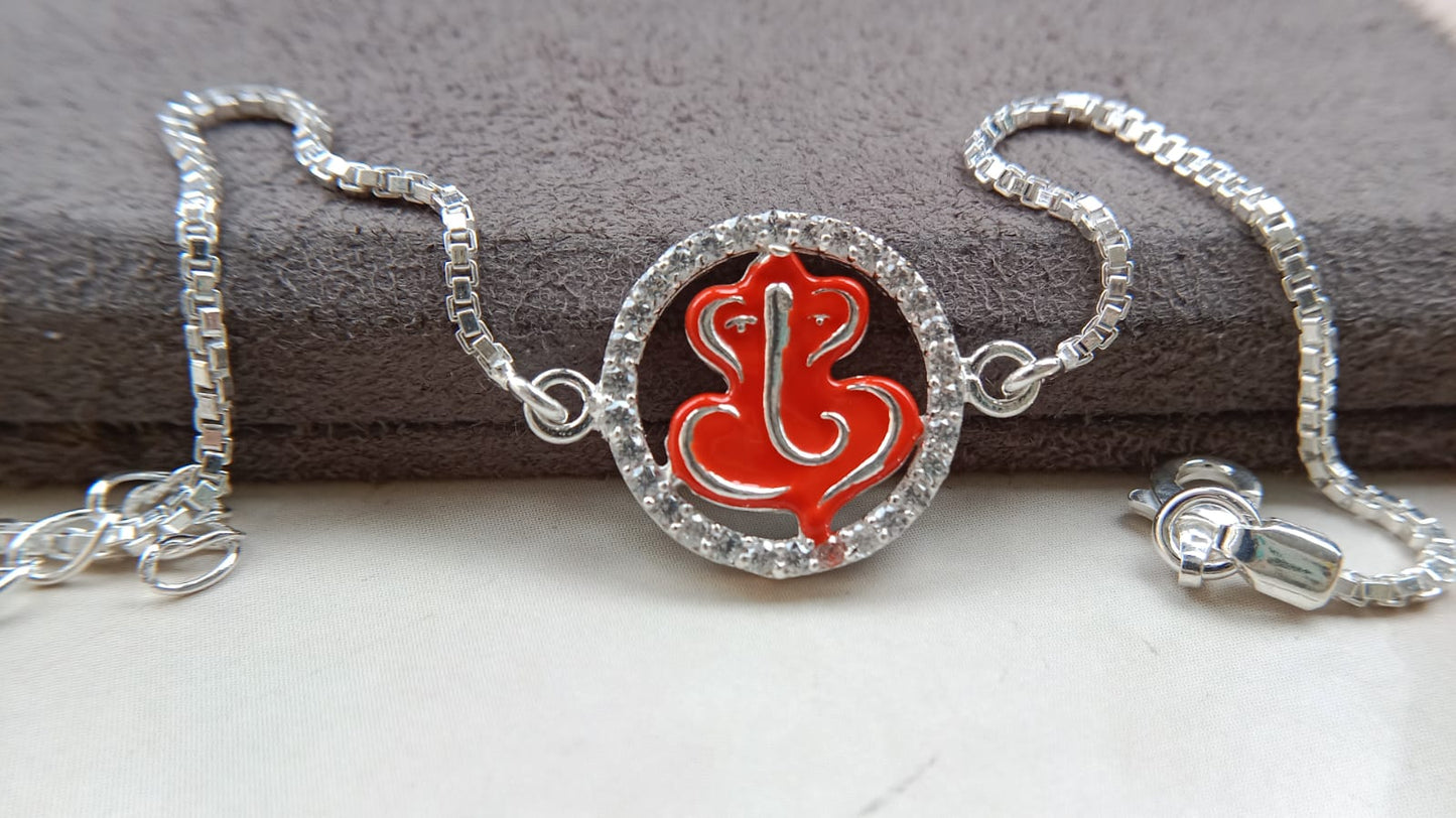 925 Silver Auspicious Ganesha ( ᬒᬁ ) Bracelet Rakhi with Saffron Enamel and adjustable Silver chain