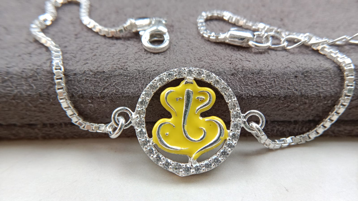 925 Silver Auspicious Ganesha ( ᬒᬁ ) Bracelet Rakhi with Saffron Enamel and adjustable Silver chain