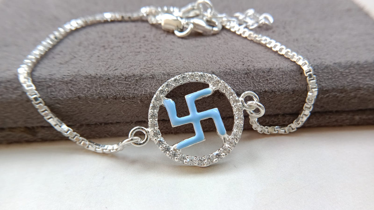 925 Silver Auspicious Swastik (卐) Bracelet Rakhi with Blue Enamel and adjustable Silver chain