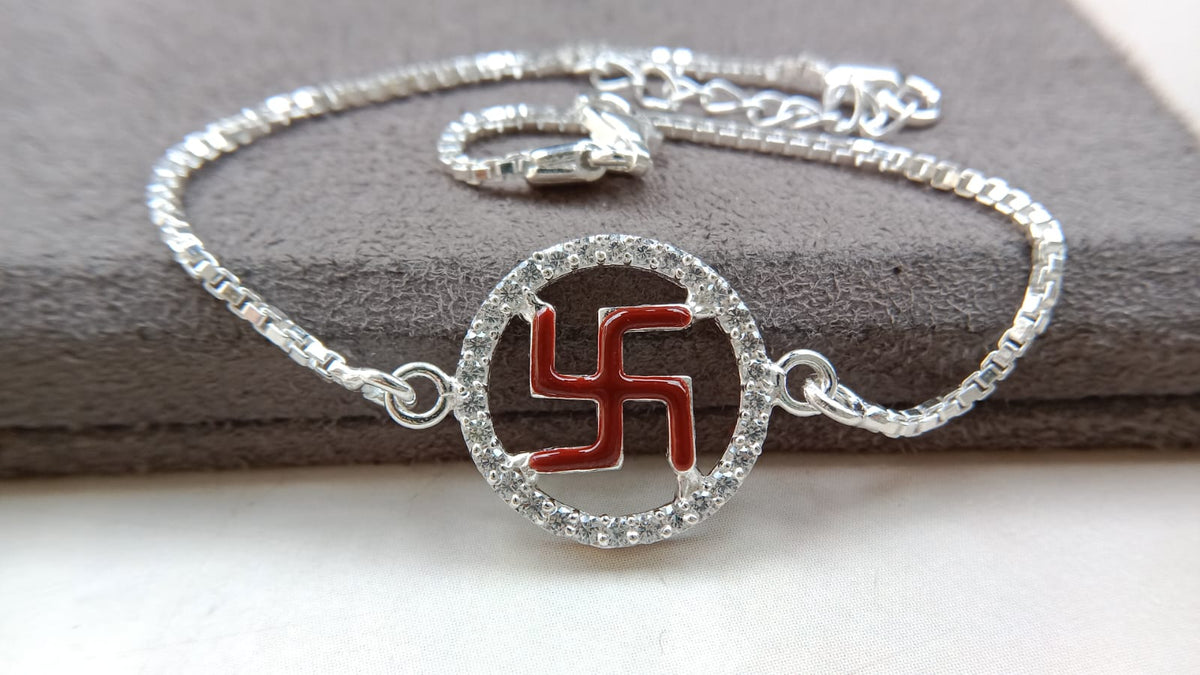 925 Silver Auspicious Swastik (卐) Bracelet Rakhi with Blue Enamel and adjustable Silver chain