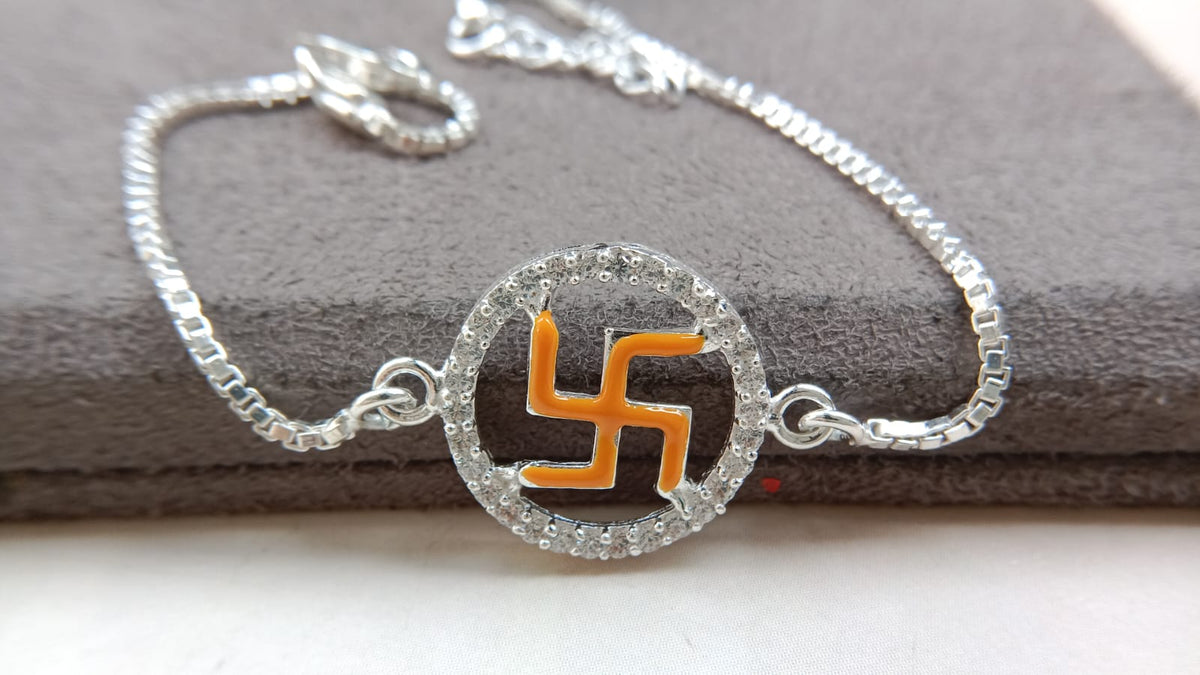 925 Silver Auspicious Swastik (卐) Bracelet Rakhi with Blue Enamel and adjustable Silver chain