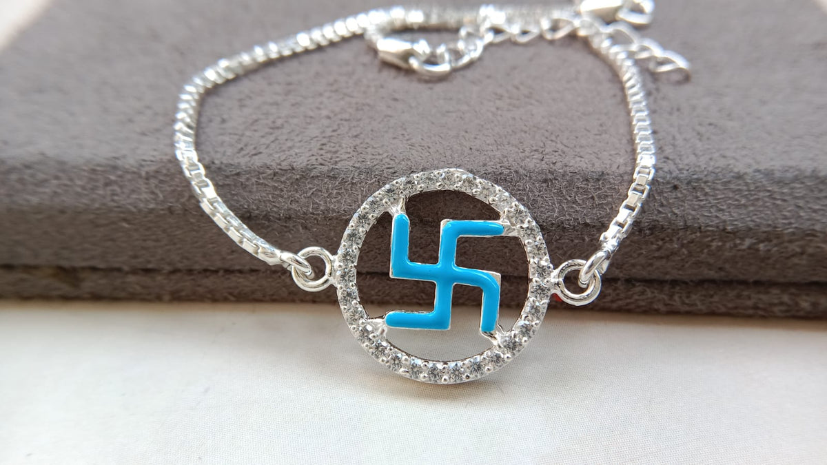 925 Silver Auspicious Swastik (卐) Bracelet Rakhi with Blue Enamel and adjustable Silver chain