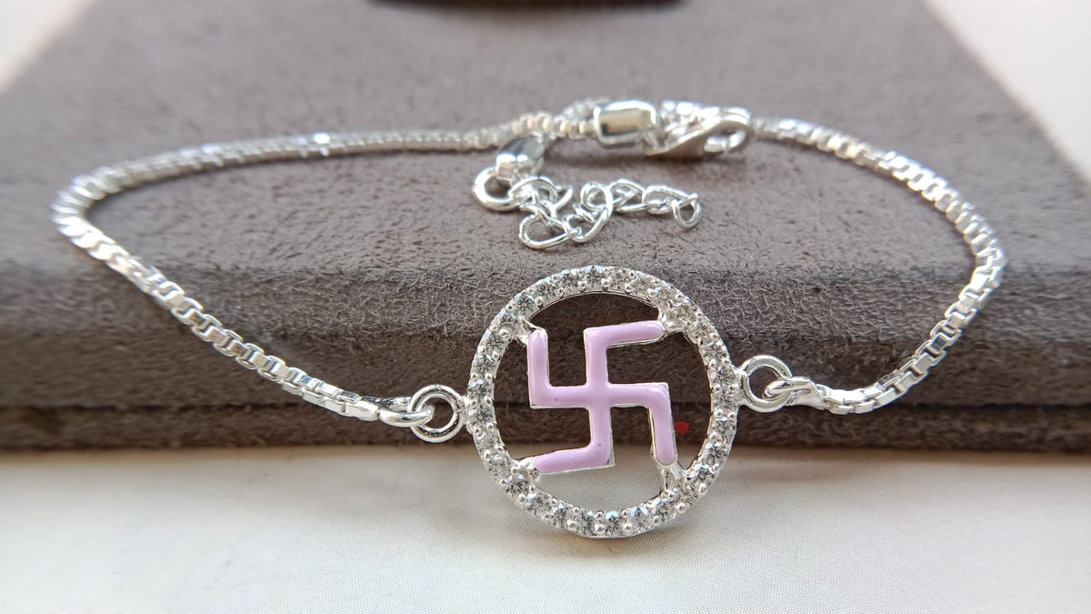 925 Silver Auspicious Swastik (卐) Bracelet Rakhi with Blue Enamel and adjustable Silver chain