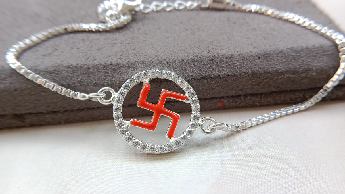 925 Silver Auspicious Swastik (卐) Bracelet Rakhi with Blue Enamel and adjustable Silver chain