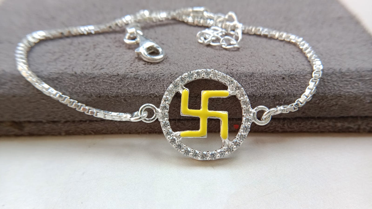 925 Silver Auspicious Swastik (卐) Bracelet Rakhi with Blue Enamel and adjustable Silver chain