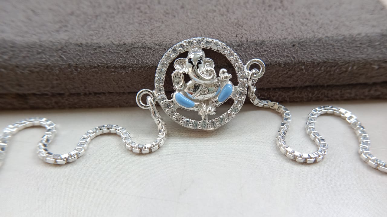 925 Silver Auspicious Ganesha ( ᬒᬁ ) Bracelet Rakhi with Yellow Enamel and adjustable Silver chain