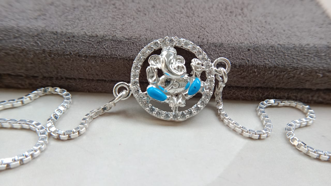 925 Silver Auspicious Ganesha ( ᬒᬁ ) Bracelet Rakhi with Yellow Enamel and adjustable Silver chain