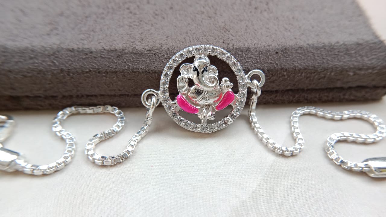 925 Silver Auspicious Ganesha ( ᬒᬁ ) Bracelet Rakhi with Yellow Enamel and adjustable Silver chain