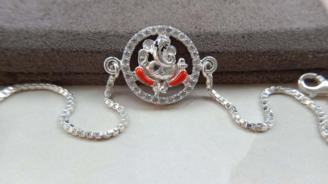 925 Silver Auspicious Ganesha ( ᬒᬁ ) Bracelet Rakhi with Yellow Enamel and adjustable Silver chain