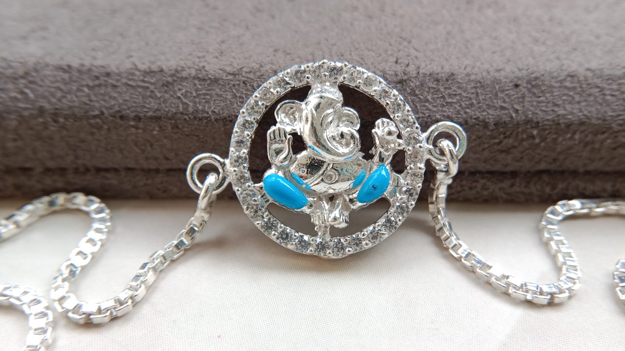 Silver Lord Ganesha Idol Bracelet Rakhi with Adjustable Chain