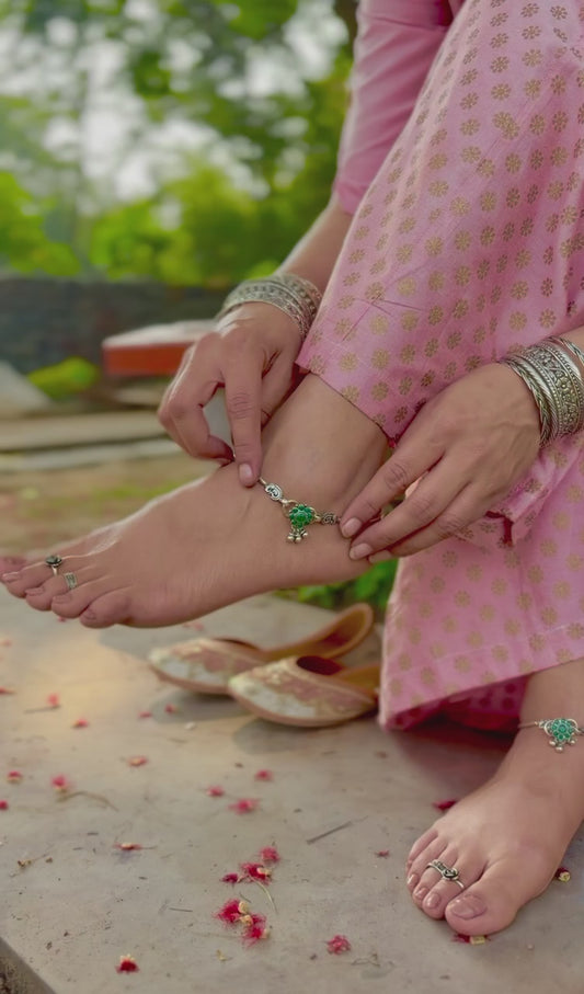 925 Silver Green Round Stone Floral Anklet Pair for Women | Designer Green Stone Payal with Drop Charm