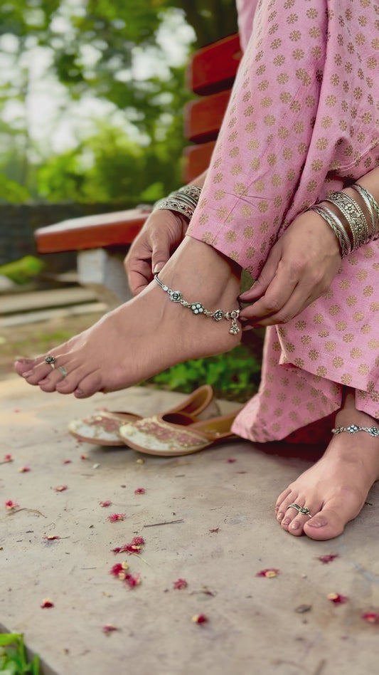 925 Silver Floral Designer Anklet Pair for Women | White CZ Stone Payal with Flower Motifs & Dangling Charms