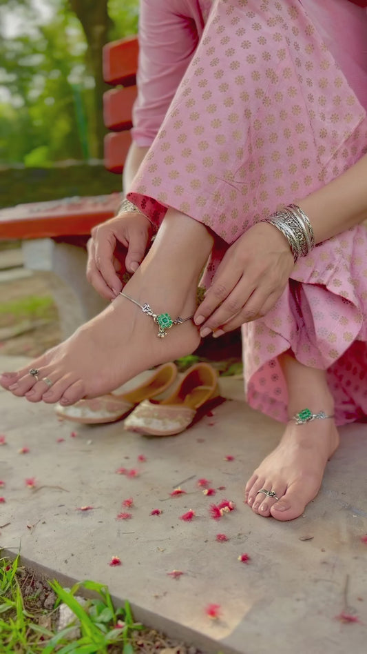 925 Silver Green Diamond Shape Stone Floral Anklet Pair for Women | Designer Green Stone Payal with Drop Charm