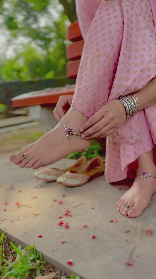 925 Silver Pink Stone Designer Floral Anklet Pair | Floral Payal with Pink Stone for Women