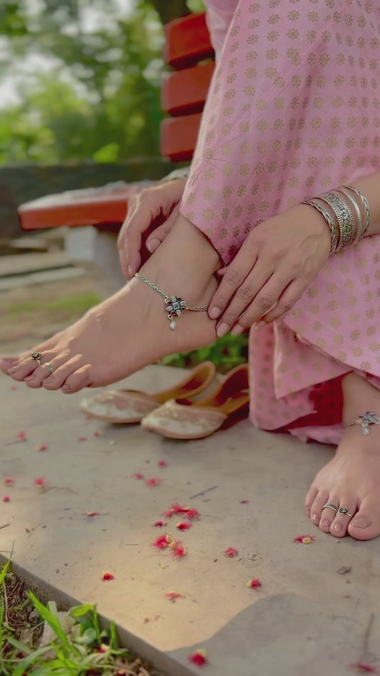 925 Silver Ruby & White Stone Floral Anklet Pair for Women | Designer Payal with Drop Charm
