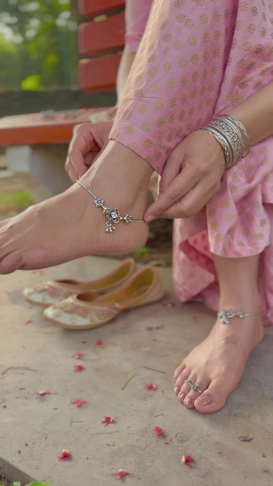 925 Silver Ruby Stone Floral Anklet Pair | Designer Floral Payal with Charm for Women