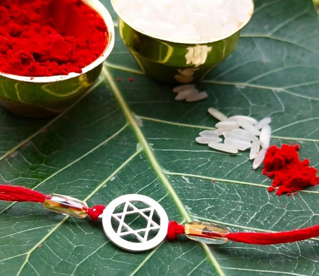 Silver Hexagram Rakhi with Red Thread