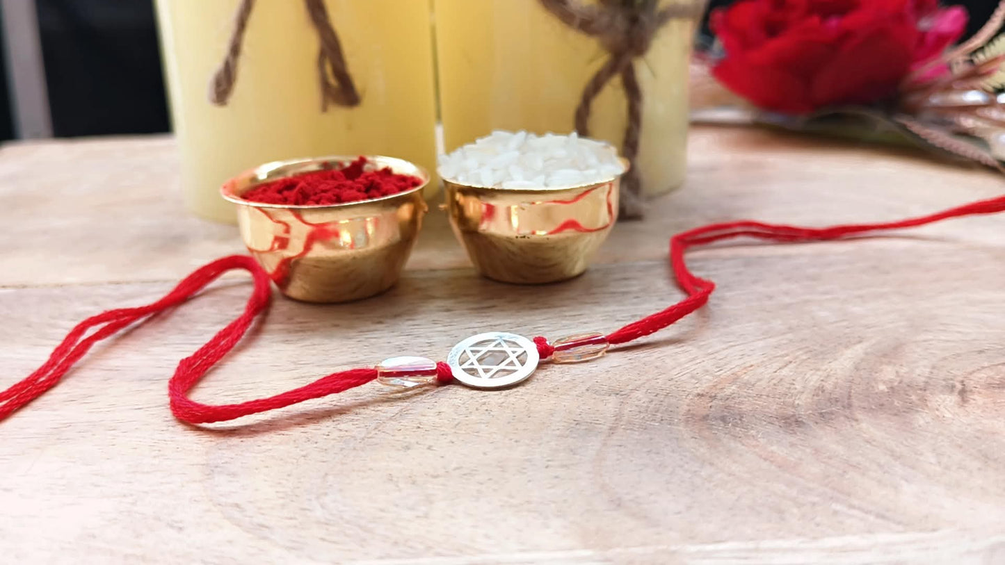 Silver Hexagram Rakhi with Red Thread