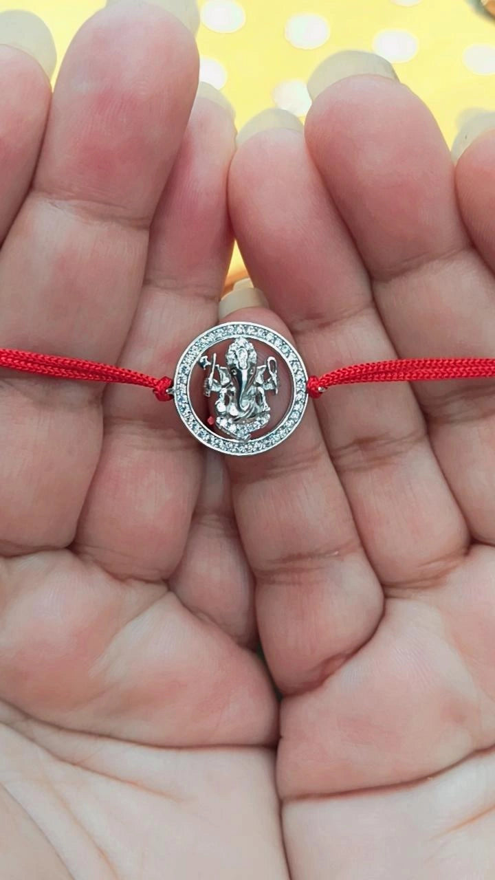 925 Silver Auspicious Ganesha ( ᬒᬁ ) Rakhi for Brother with Red Thread