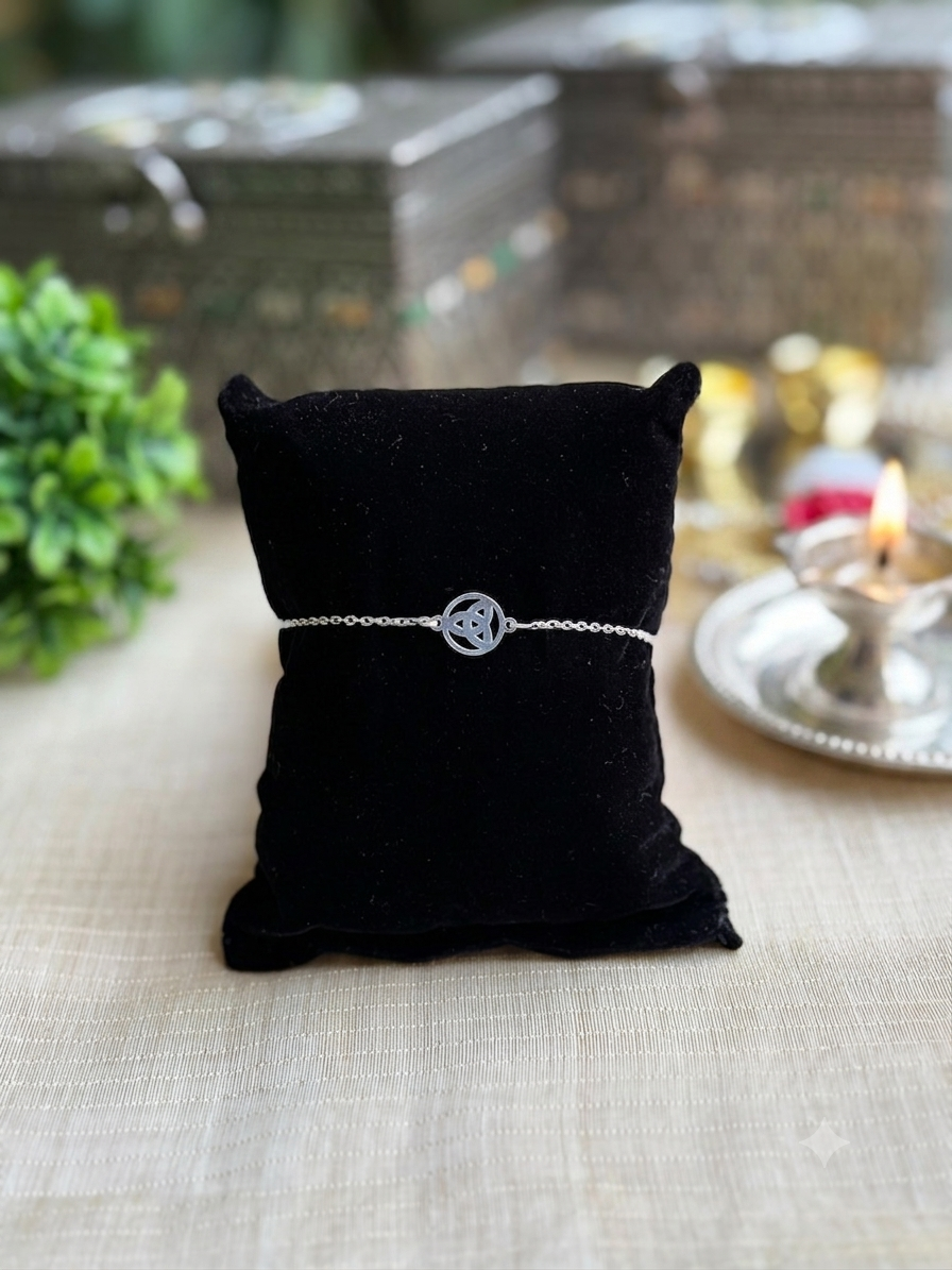925 Silver Auspicious Trinity Knot ( ☣ ) Bracelet Rakhi with Adjustable Silver Chain