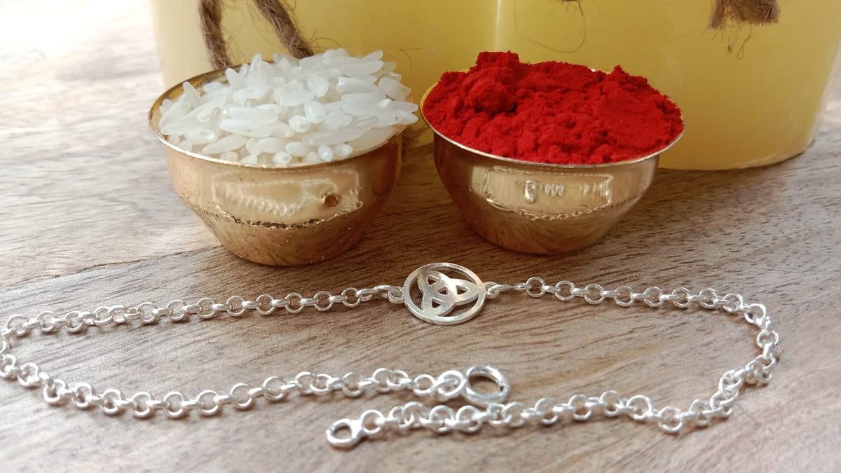 925 Silver Auspicious Trinity Knot ( ☣ ) Bracelet Rakhi with Adjustable Silver Chain