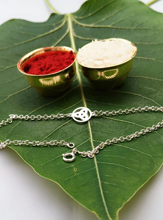 925 Silver Auspicious Trinity Knot ( ☣ ) Bracelet Rakhi with Adjustable Silver Chain